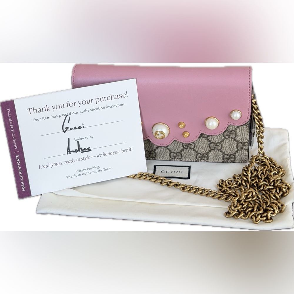 Gucci GG Supreme Pearl Peony WalletOn Chain. PRISTINE - Picture 15 of 16